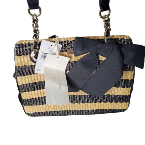NWT Kate Spade Rattan Black Striped Bow Shoulder Three Pocket Bag W/ Dust Cover - Picture 12 of 14